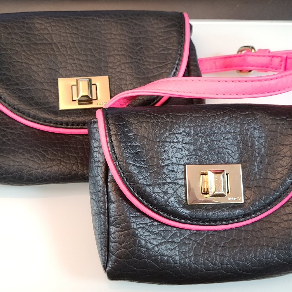 Juicy Couture Couture Double Belt Waist Bag Purse Soft Leather Black & Pink